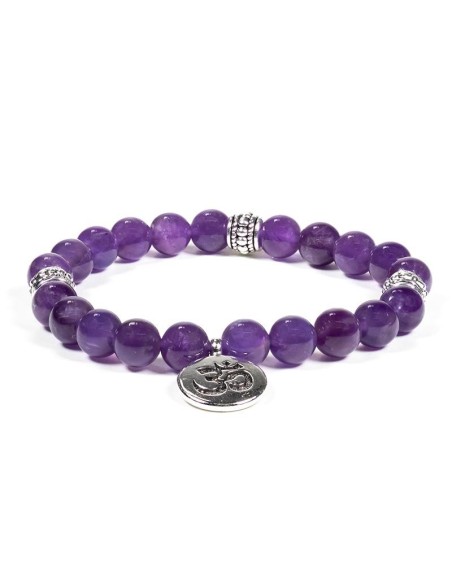 Mala / bracelet élastique, améthyste avec OM - Malas - MundoYoga Boutique de yoga spécialisée dans le yoga