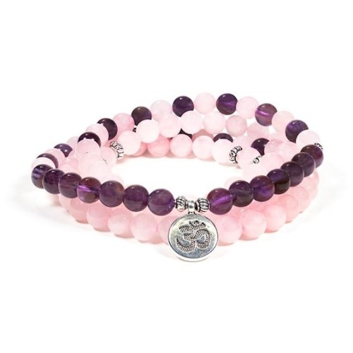 Elastische Mala-Kette aus Amethyst und Rosenquarz mit OM - Malas - MundoYoga Yoga Shop, spezialisiert auf Yoga