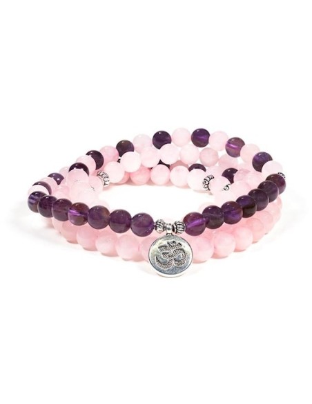 Mala elástica de Amatista y Cuarzo Rosa con OM - Malas - MundoYoga Tienda Especializada en Yoga