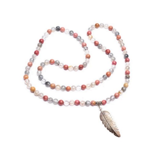 Mala de Rhodonite et Quartz Gris avec Plume - Malas - MundoYoga Boutique de yoga spécialisée dans le yoga