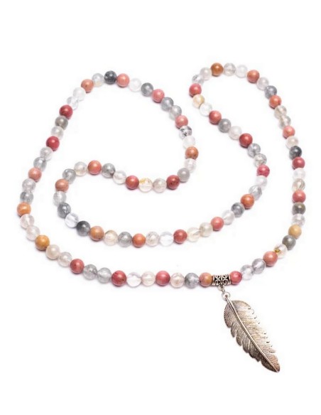Mala de Rhodonite et Quartz Gris avec Plume - Malas - MundoYoga Boutique de yoga spécialisée dans le yoga