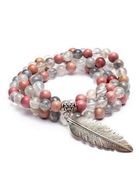 Mala de Rodonita y Cuarzo Gris con Pluma - Malas - MundoYoga Tienda Especializada en Yoga