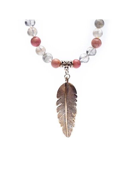 Mala de Rhodonite et Quartz Gris avec Plume - Malas - MundoYoga Boutique de yoga spécialisée dans le yoga
