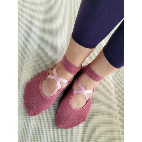 Meias antiderrapantes para ioga e pilates «Dance», framboesa - MundoYoga Boutique de yoga spécialisée dans le yoga