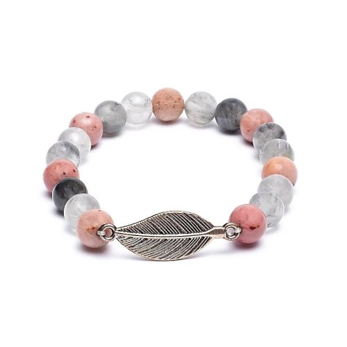 Pulsera de rodonita y cuarzo gris con pluma