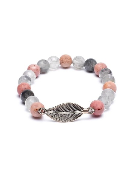 Pulsera de rodonita y cuarzo gris con pluma