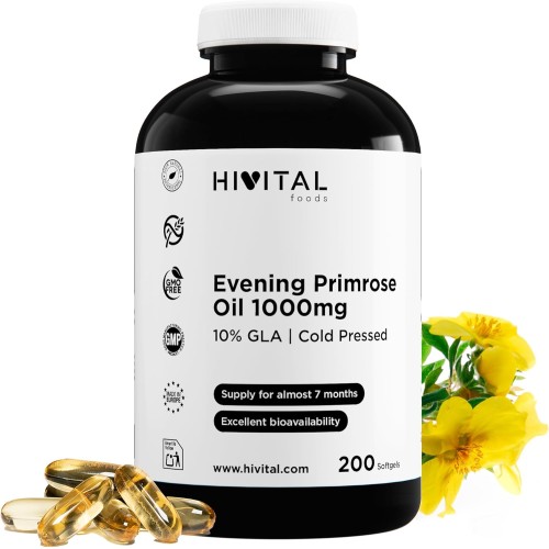 Aceite de Onagra y Vitamina E, 200 perlas de Aceite Vegetal