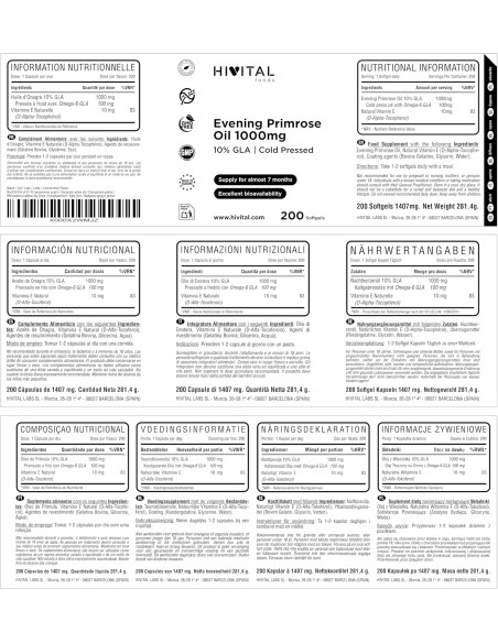 Óleo de onagra e vitamina E, 200 cápsulas de óleo vegetal