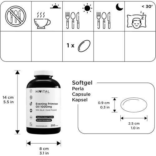 Óleo de onagra e vitamina E, 200 cápsulas de óleo vegetal
