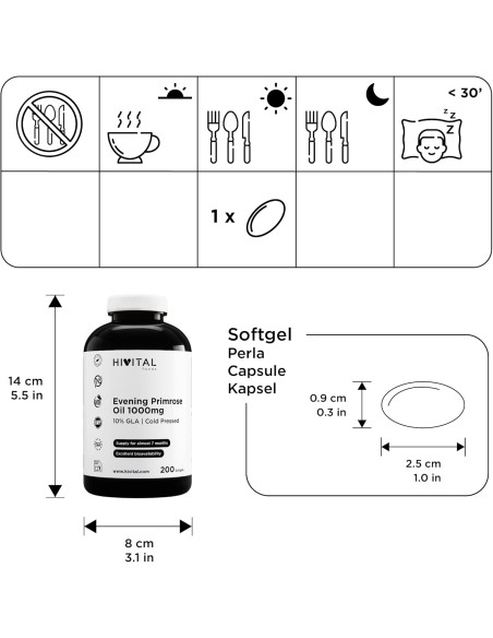 Óleo de onagra e vitamina E, 200 cápsulas de óleo vegetal